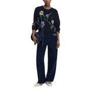 Desigual Damen schwarzer, geblümter Langarm-Strickpullover in Dunkelblau, Rückenteil