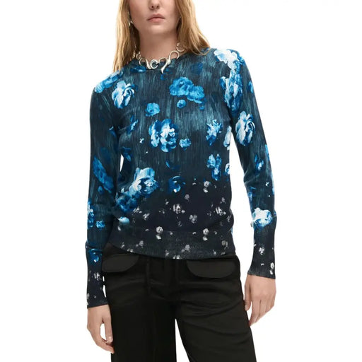 Desigual women black floral long sleeve round neck knitwear in navy blue with vibrant lighter blue and white floral pattern