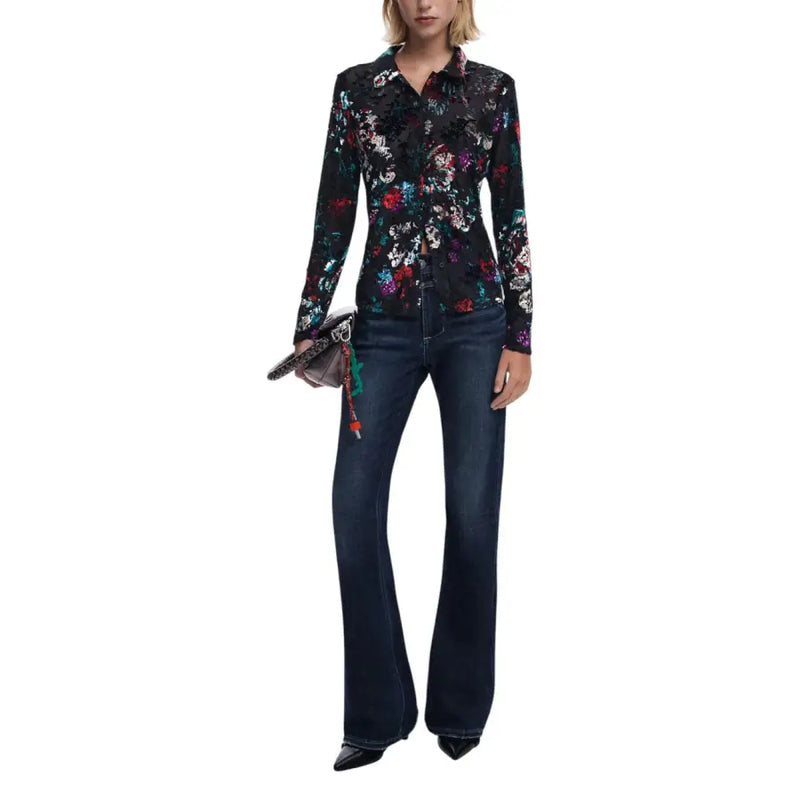 Desigual black floral long sleeve blouse with flare jeans