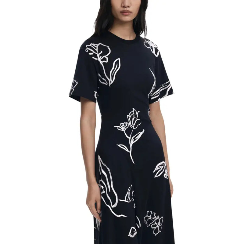 Navy blue short-sleeve midi dress with white floral pattern from Desigual Women Black Floral collection