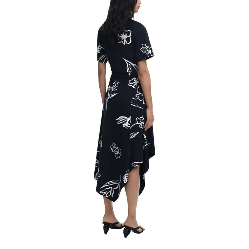 Black midi wrap dress with white floral print and asymmetric hem for Women by Desigual