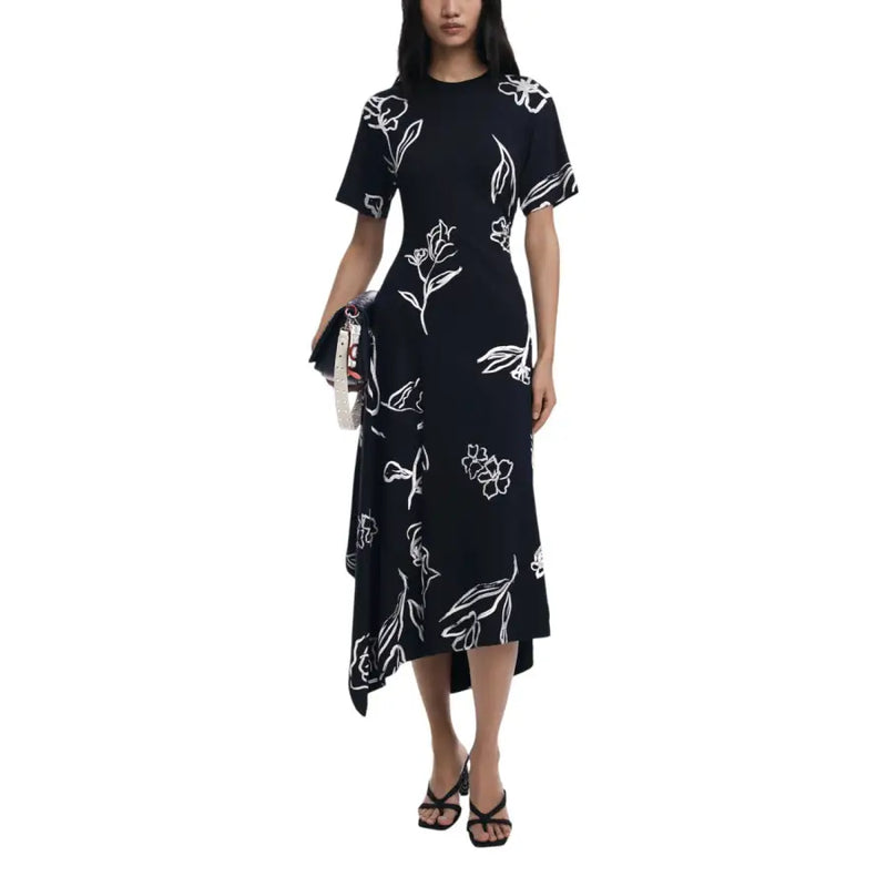 Black floral midi dress with short sleeves and asymmetrical hem for women at Desigual