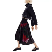 Black midi skirt by Desigual women featuring vibrant red and green sequined floral embroidery for spring summer