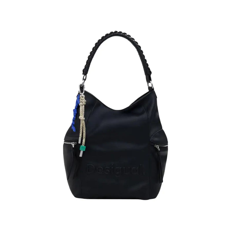 Black hobo shoulder bag with braided strap and decorative tassel from Desigual Women collection