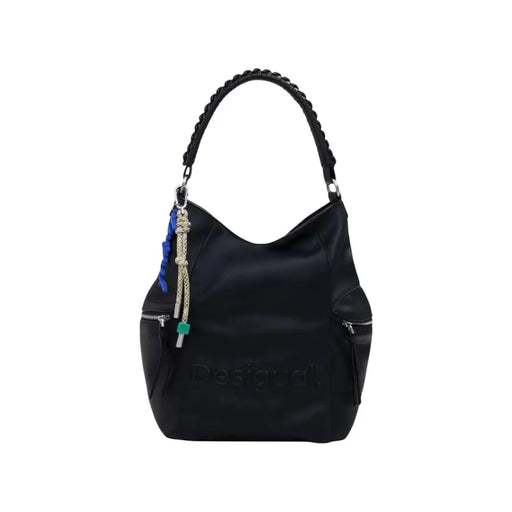 Black hobo shoulder bag with braided strap and decorative tassel from Desigual Women collection