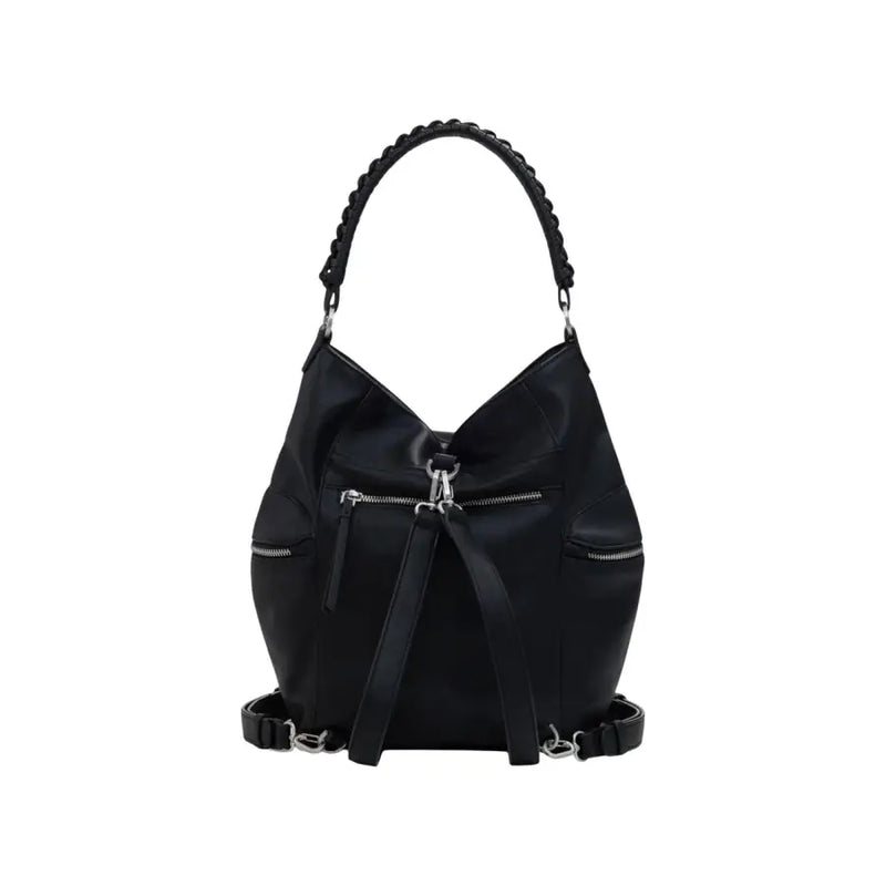 Black faux leather convertible hobo bag with braided handle and silver hardware for Desigual Women Black Handbag Rucksack