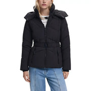 Schwarze gesteppte Damen-Daunenjacke von Desigual mit abnehmbarer Kapuze und Gürtel