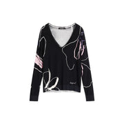 Schwarzer Dsquared2-Viskosepullover mit V-Ausschnitt und abstraktem weißen und rosa Blumenmuster für Damenstrickwaren