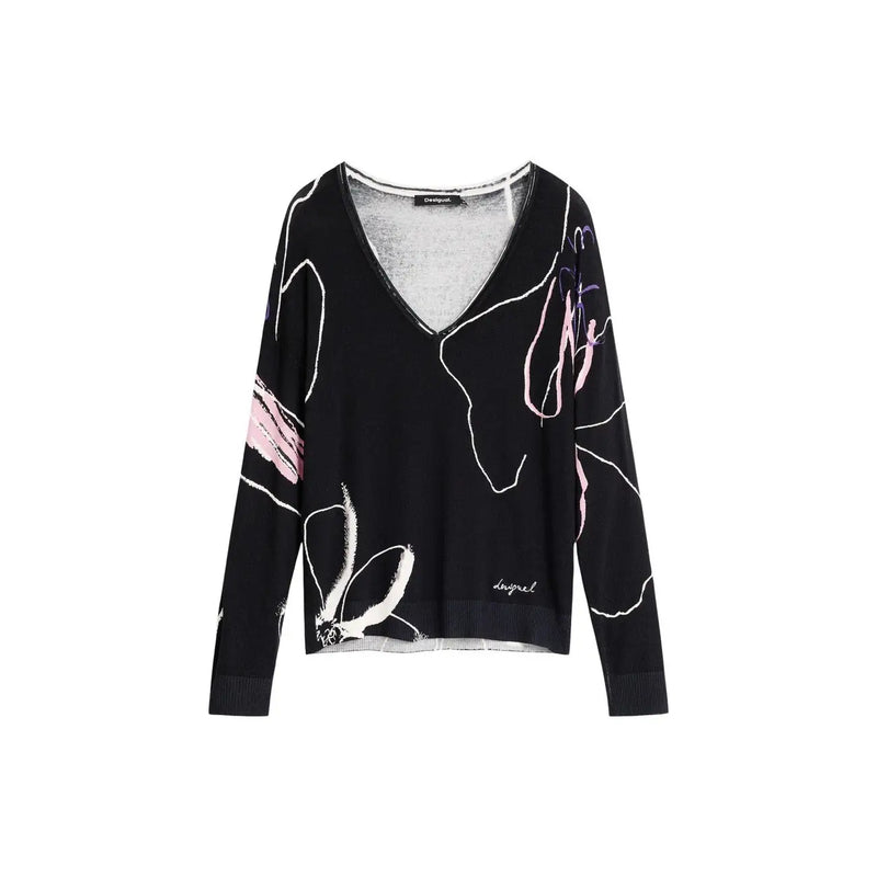 Schwarzer Dsquared2-Viskosepullover mit V-Ausschnitt und abstraktem weißen und rosa Blumenmuster für Damenstrickwaren