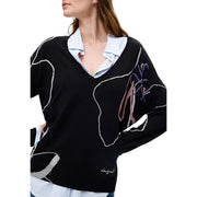 Schwarzer Desigual Damen-Strickpullover aus Viskose mit V-Ausschnitt und abstrakten weißen, rosa und violetten Stickmustern