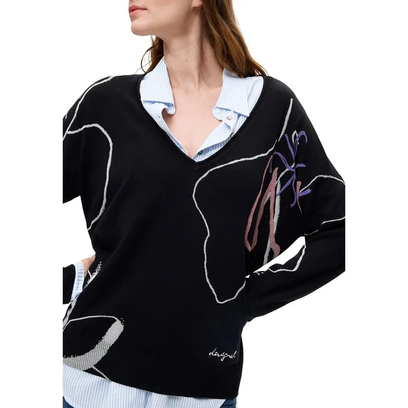 Schwarzer Desigual Damen-Strickpullover aus Viskose mit V-Ausschnitt und abstrakten weißen, rosa und violetten Stickmustern