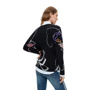 Schwarzer Desigual Damen-Strickpullover aus Viskose mit V-Ausschnitt und auffälligen, farbenfrohen, abstrakten Tier- und Blumenmustern