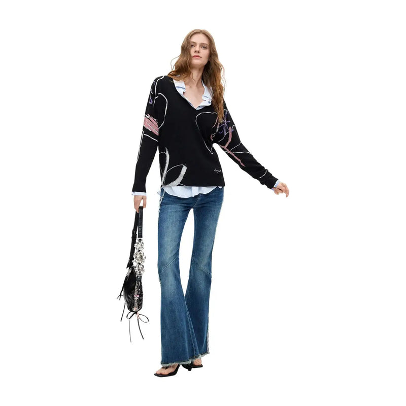 Desigual Damen-Pullover aus schwarzem Viskose-Strick mit V-Ausschnitt und abstraktem rosa-weißem Linienmuster auf der Vorderseite