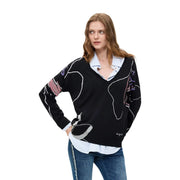 Desigual Damen-Strickpullover aus schwarzem Viskose-Strick mit V-Ausschnitt und abstrakten geometrischen Mustern in Weiß, Rosa und Lila.