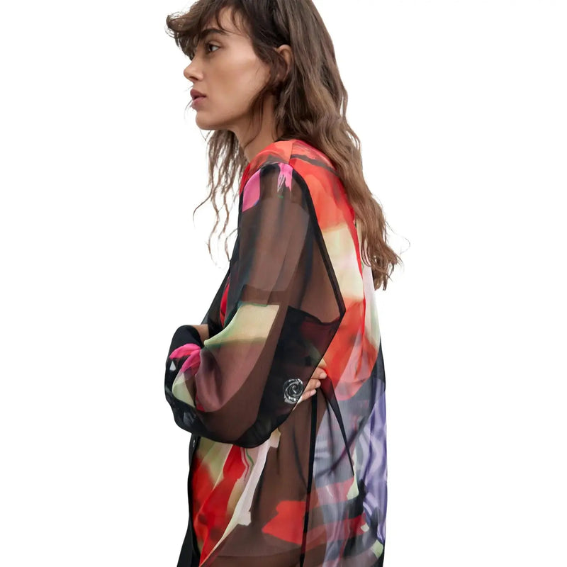 Desigual women black long dress with a translucent long-sleeved blouse featuring a bold red pink purple abstract print