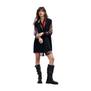Desigual women black long dress with sheer patterned sleeves red plaid inner shirt polyester blend fabric