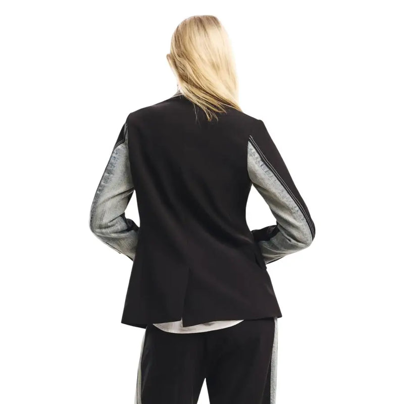 Desigual women black long sleeve blazer with lapel collar and contrasting silver toned fabric sleeves in sleek design