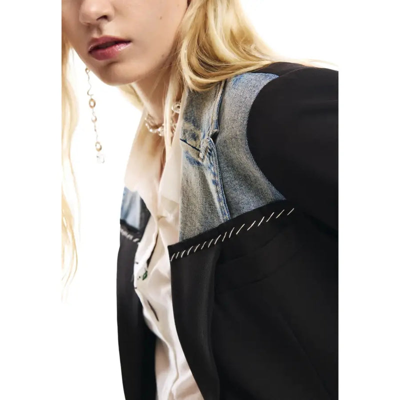 Desigual women black long sleeve blazer with lapel collar featuring a denim patch stitched in white thread on the shoulder