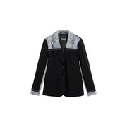 Desigual women black long sleeve blazer with lapel collar featuring denim accents on collar shoulders and cuffs