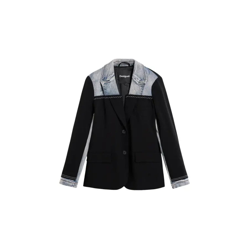 Desigual women black long sleeve blazer with lapel collar featuring denim accents on collar shoulders and cuffs