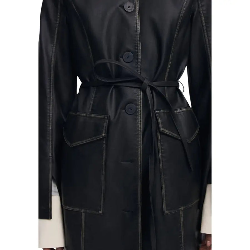 Black faux leather trench coat with tie waist and patch pockets for Desigual Women Black Polyurethane Blazer Fall Winter