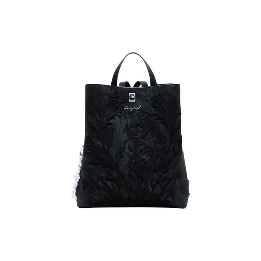 Black faux leather backpack with embossed floral designs from Desigual Women Bag collection