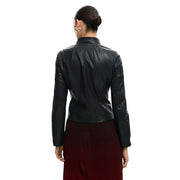 Desigual women black polyurethane blazer with zip featuring a high collar and long sleeves in biker jacket style