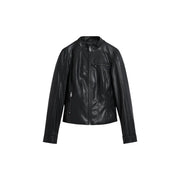 Black leather moto jacket with silver zippers and stand-up collar featured in desigual women black polyurethane turtleneck blazer with zip product