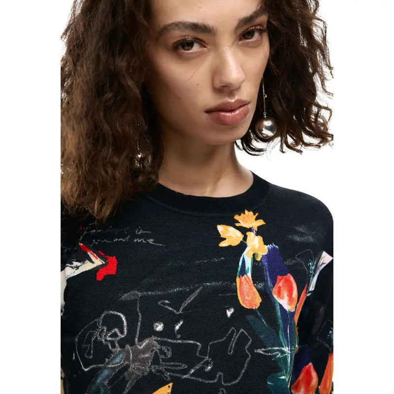 Desigual women black knitwear featuring vibrant abstract floral and graffiti design with orange tulips and white line art