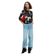 Desigual women black knitwear long sleeve round neck top with floral and bird print refined for casual wear