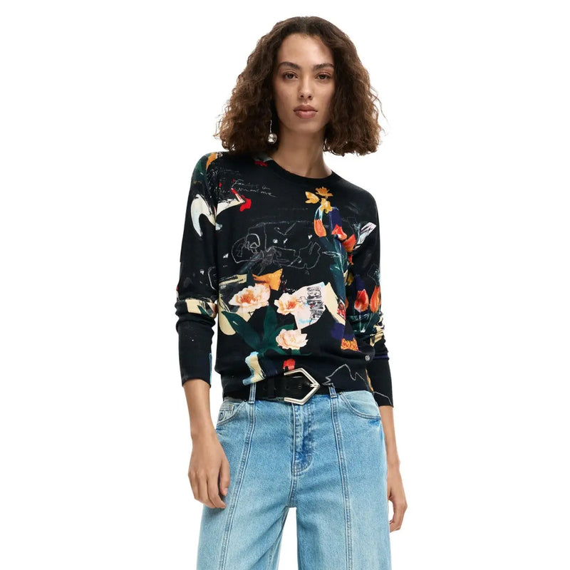 Desigual women black long sleeve round neck knitwear with vibrant floral and abstract graphic print on front