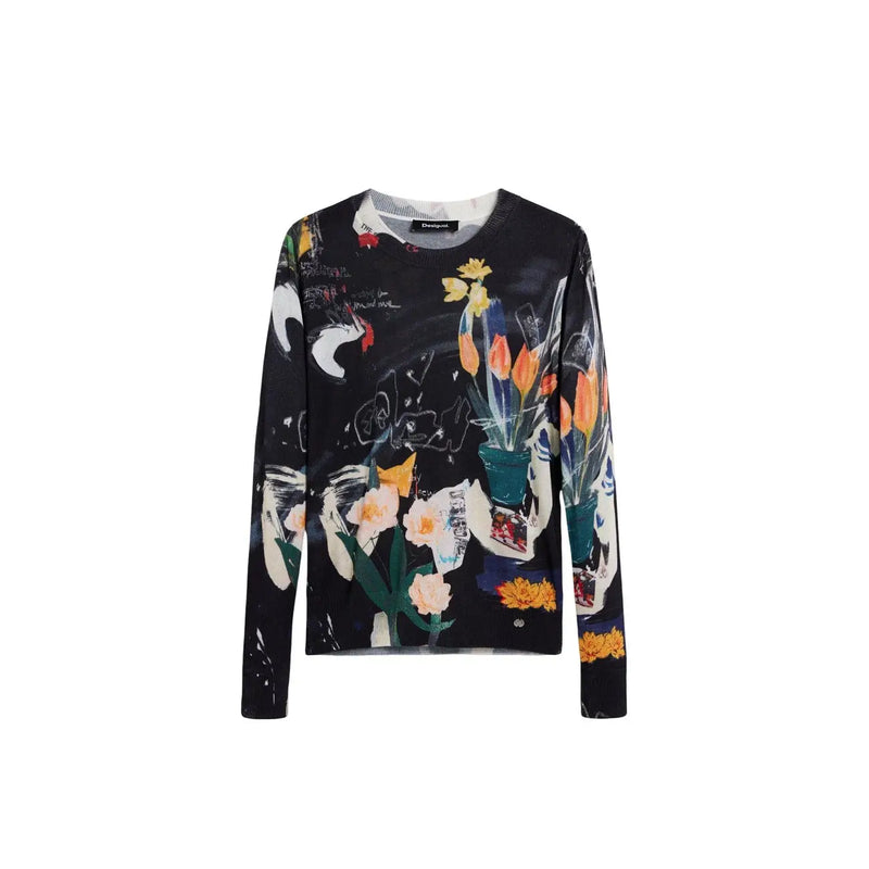 Desigual women black print long sleeve round neck knitwear featuring vibrant floral and graffiti-inspired design