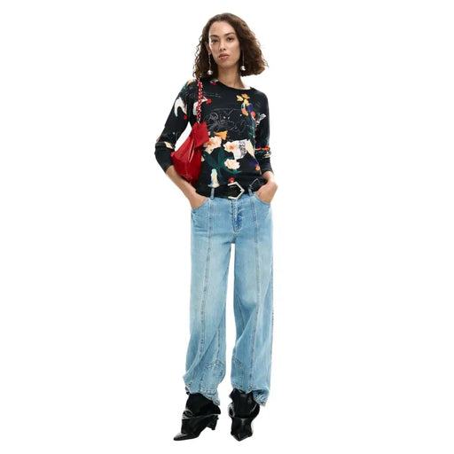 Desigual Damen Langarm-Strickpullover mit schwarzem Blumen- und Vogelmuster top