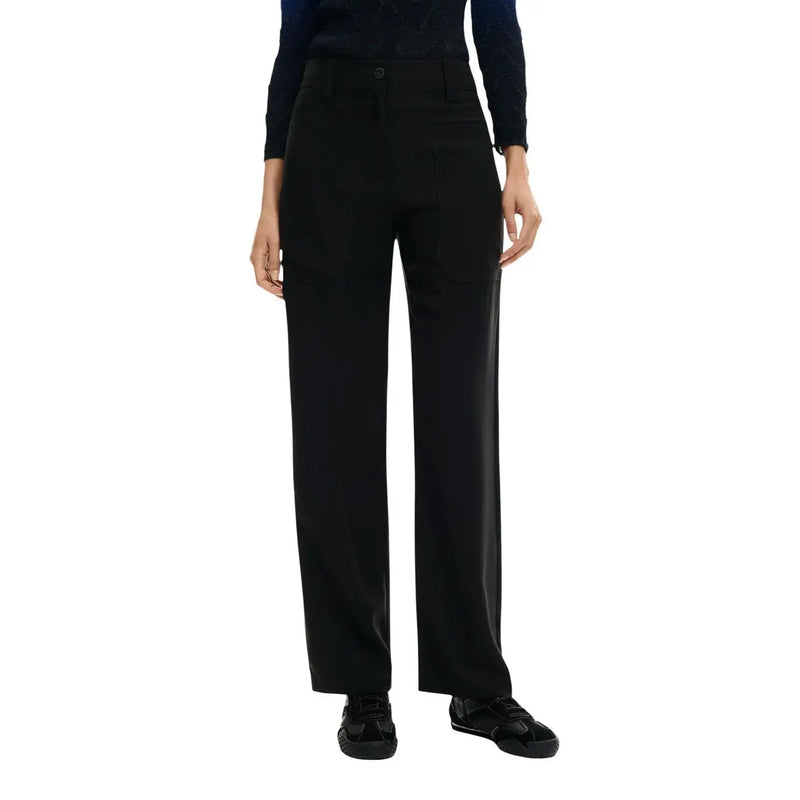 Schwarze, hochgeschnittene Viskosehose für Damen von Desigual mit weitem Bein, Taschen und elegantem, tailliertem Schnitt