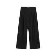 Schwarze Desigual Damenhose mit hohem Bund, weitem Bein, Reißverschluss, dezenten vertikalen Streifen und Falten vorne aus Polyestergemisch.