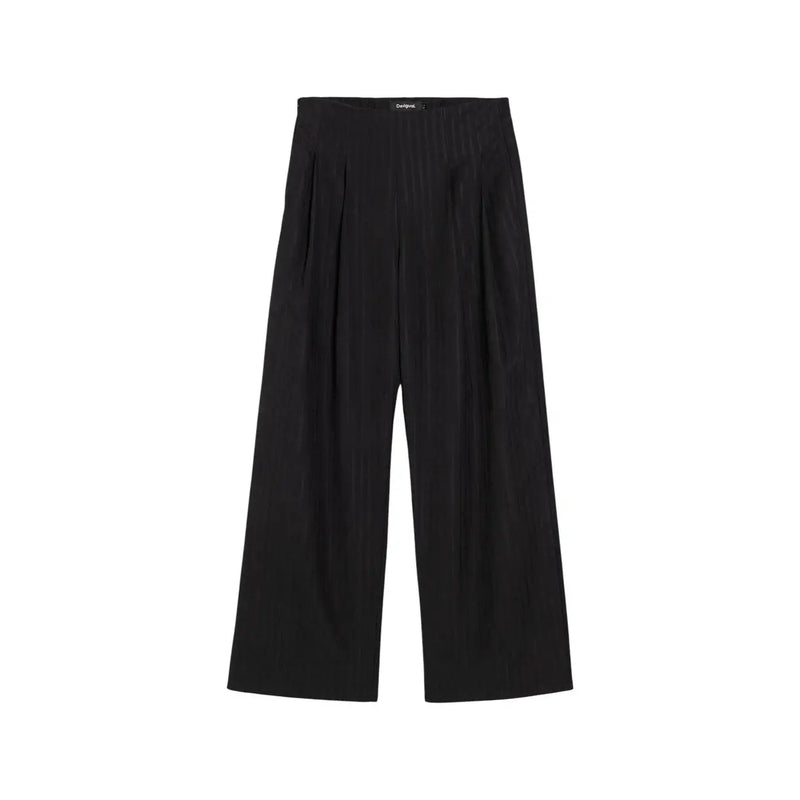 Schwarze Desigual Damenhose mit hohem Bund, weitem Bein, Reißverschluss, dezenten vertikalen Streifen und Falten vorne aus Polyestergemisch.
