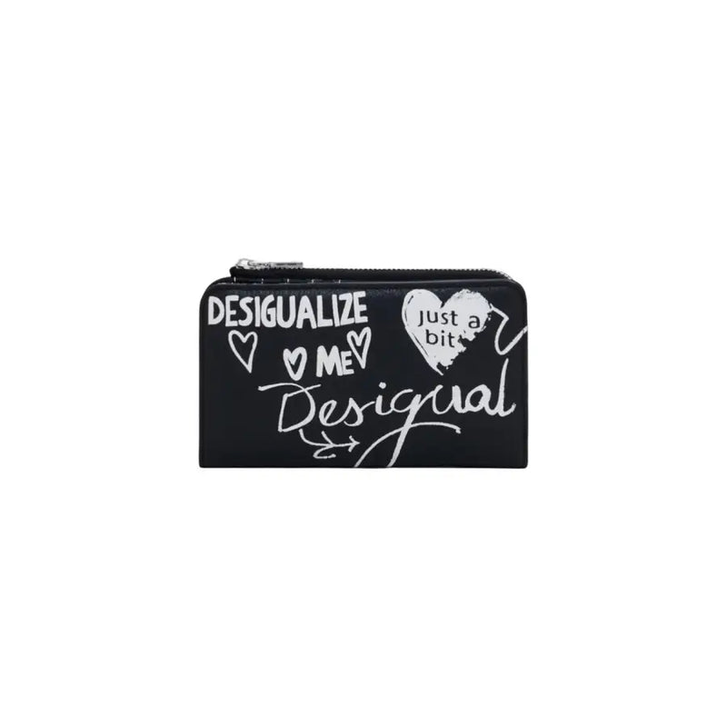 Desigual women black zip wallet with white graffiti lettering and hearts