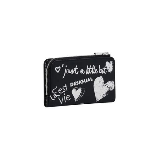 Desigual black zip wallet with white graffiti text and hearts