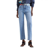 Desigual Damen-Jeans aus hellblauem Baumwoll-Denim mit geradem Bein und farbenfrohem, gemustertem Gürtel
