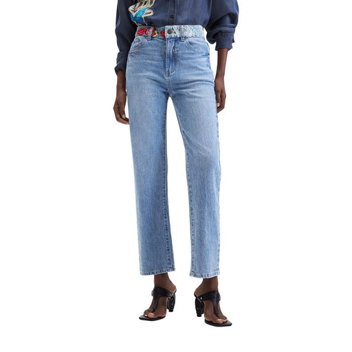 Desigual Damen-Jeans aus hellblauem Baumwoll-Denim mit geradem Bein und farbenfrohem, gemustertem Gürtel