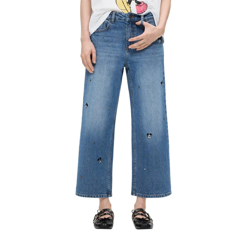 Desigual Damenjeans aus blauem Baumwoll-Denim mit weitem Bein und verspielter schwarzer Mickey-Mouse-Kopfstickerei
