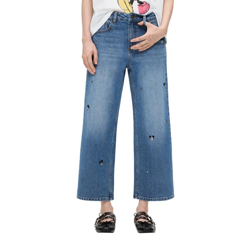 Desigual Damenjeans aus blauem Baumwoll-Denim mit weitem Bein und verspielter schwarzer Mickey-Mouse-Kopfstickerei
