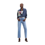 Desigual Damen-Jeanshemd aus blauer Baumwolle mit Blumenstickerei am linken Ärmel für lässige Anlässe