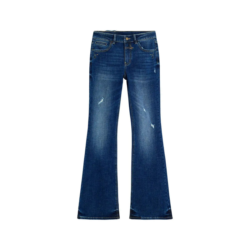 Desigual Damen-Jeans Lindsay aus blauem Baumwoll-Denim in dunkler Waschung mit ausgestelltem Schnitt, dezenten Used-Effekten und klassischem Five-Pocket-Design