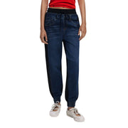 Desigual Damen-Jeans aus blauem Baumwoll-Denim, Stretch-Passform, dunkelblaue Jogginghose mit schwarzen Seiteneinsätzen und Kordelzugbund