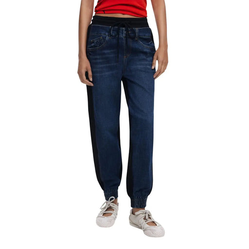 Desigual Damen-Jeans aus blauem Baumwoll-Denim, Stretch-Passform, dunkelblaue Jogginghose mit schwarzen Seiteneinsätzen und Kordelzugbund