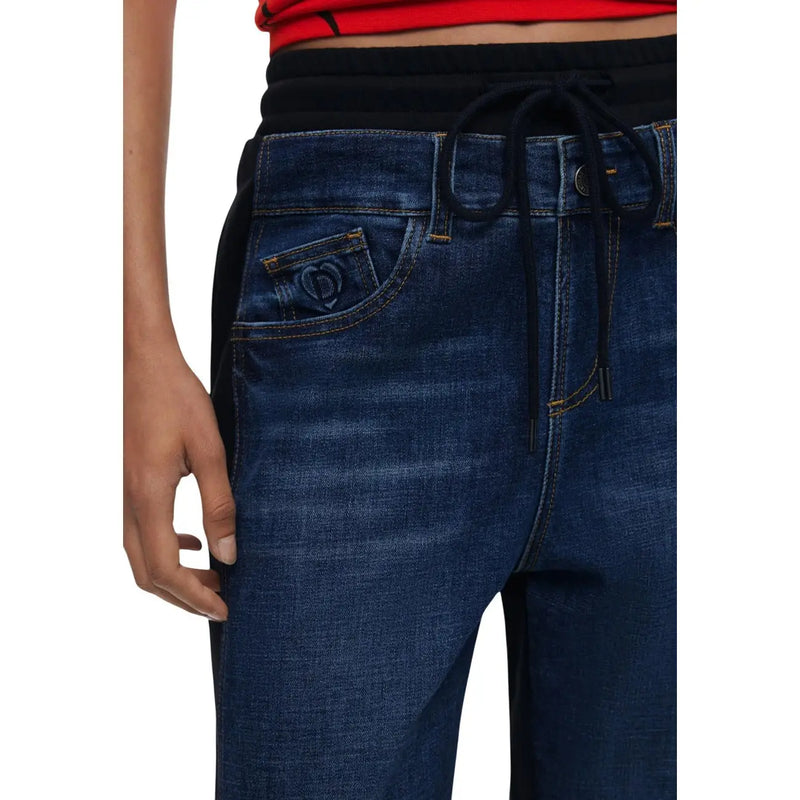 Dunkelblaue Baumwoll-Denim-Jeans mit schwarzem Gummibund und Kordelzug von Desigual für Damen