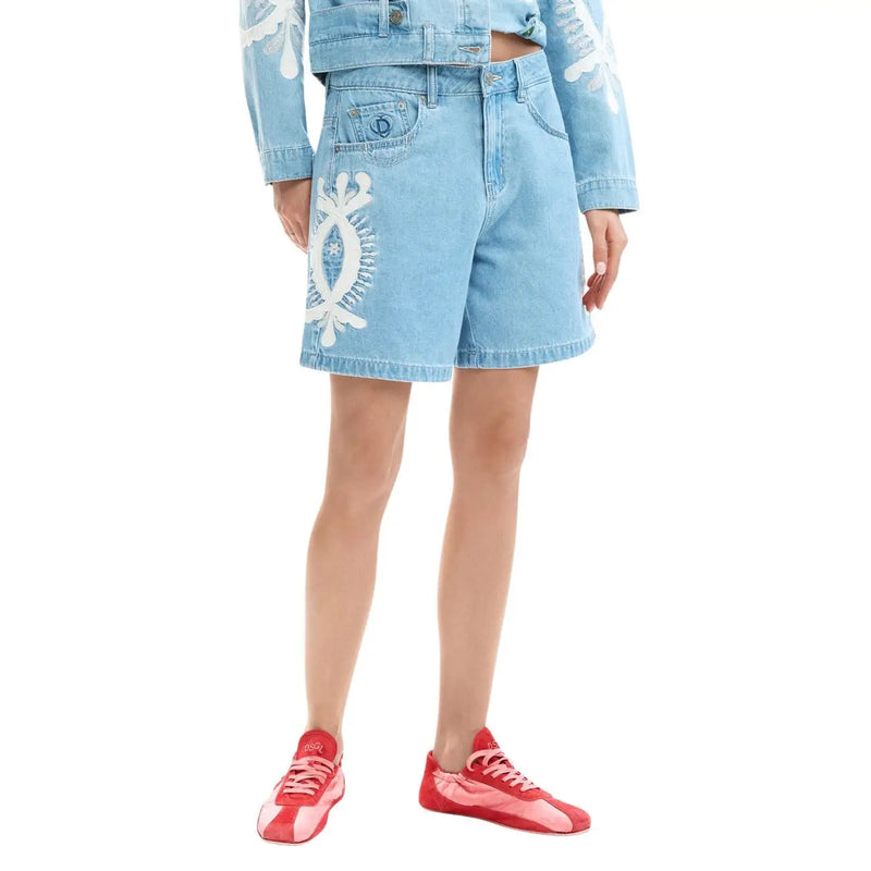 Desigual women blue cotton denim shorts with light blue color and white embroidered design on the left leg