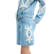 Desigual women blue cotton denim shorts with intricate white embroidered floral and leaf patterns on front and thigh