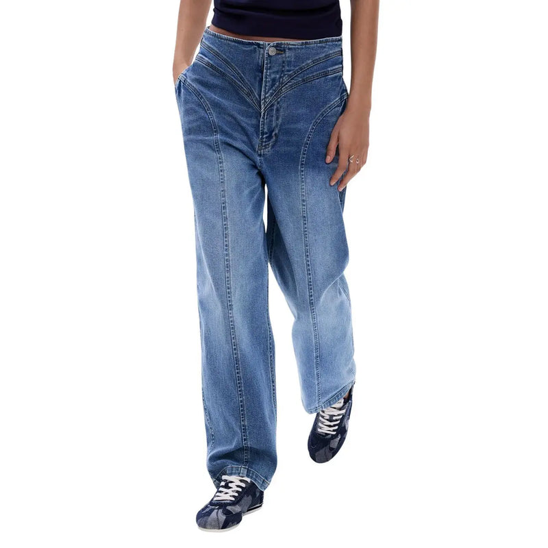 Desigual Damenjeans aus blauem Baumwoll-Stretch-Denim mit hohem Bund, weitem Bein und sichtbaren Ziernähten